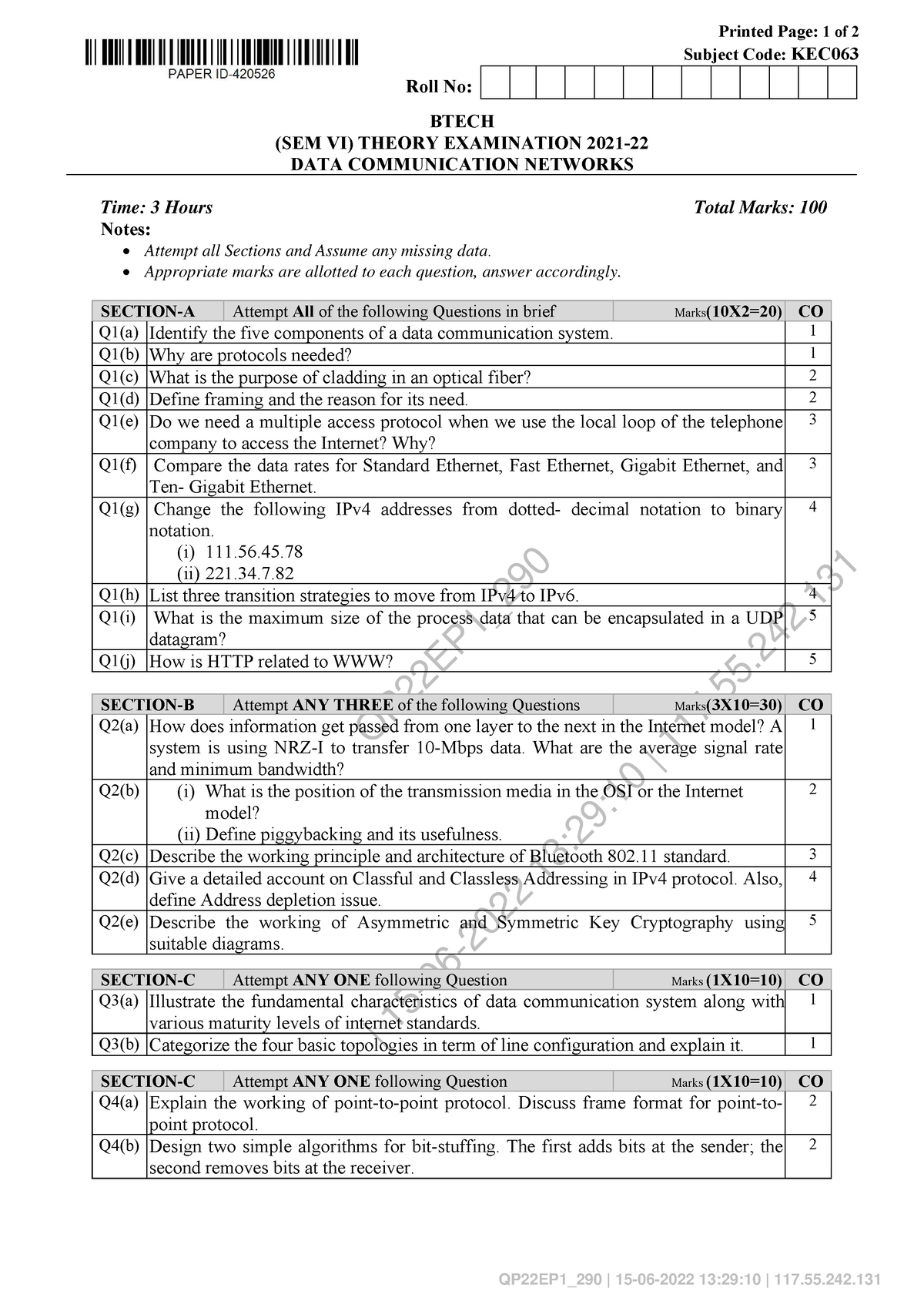 DATA Communication Networks KEC063 - QP22EP1_ | 15-06-2022 13:29:10 ...