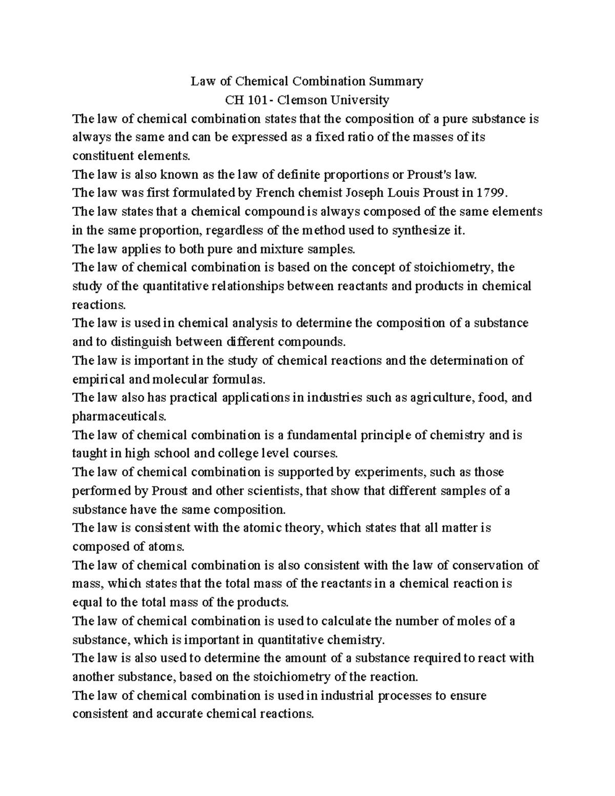 Law of Chemical Combination Summary The law is also known as the law of definite proportions