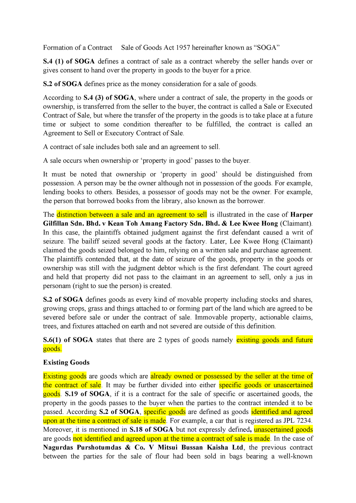 Chapter 2 Foundation In Law Fil01 Mmu Formation Of Contract Sale Of Goods Act 1957 Hereinafter Known As Soga Of Soga Defines Contract Of Sale As Contract Studocu