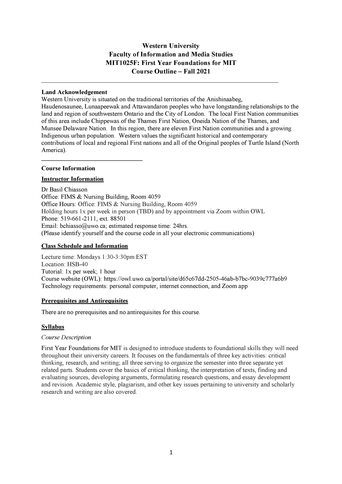 MIT 1025 Course Outline for Fall 2021 Media Information and