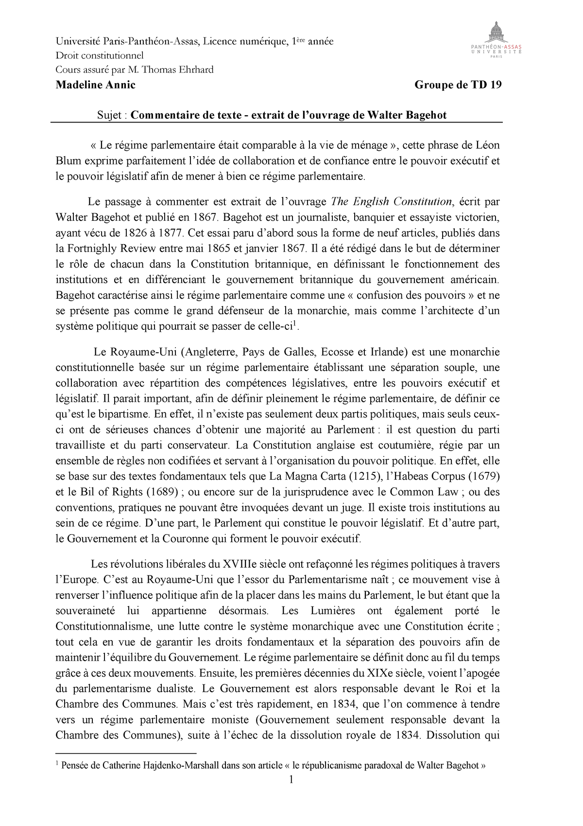 Commentaire De Texte Droit Constitutionnel Cours Assuré Par M Thomas Ehrhard Madeline Annic