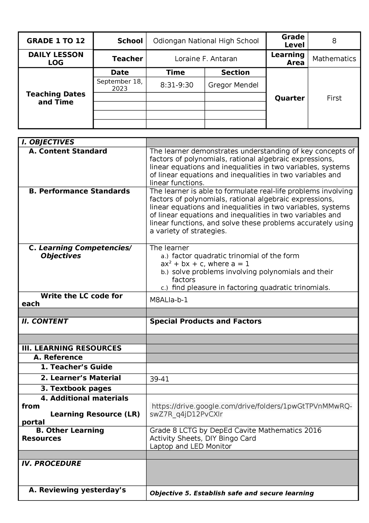 1st-quarter-observation - GRADE 1 TO 12 School Odiongan National High ...