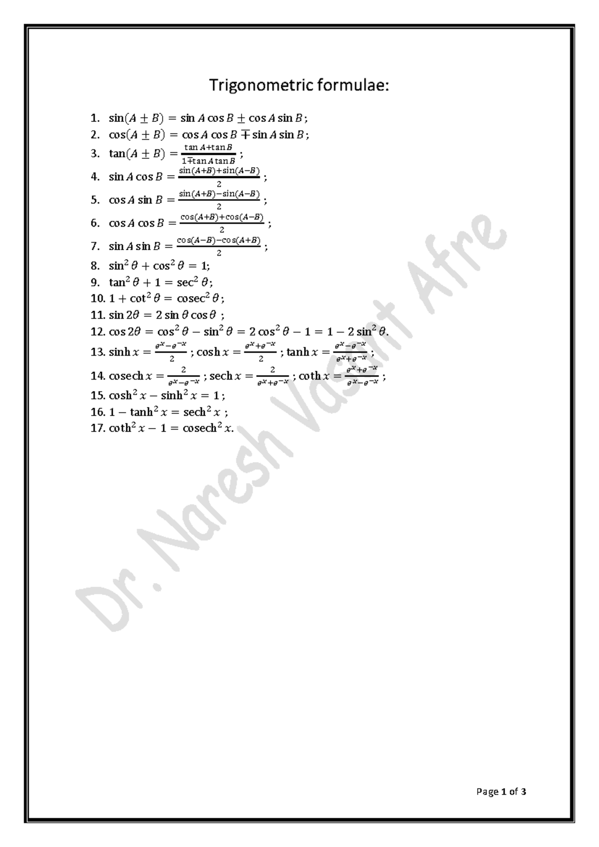 Formulae - needed to revise instant - Page 1 of 3 Trigonometric ...