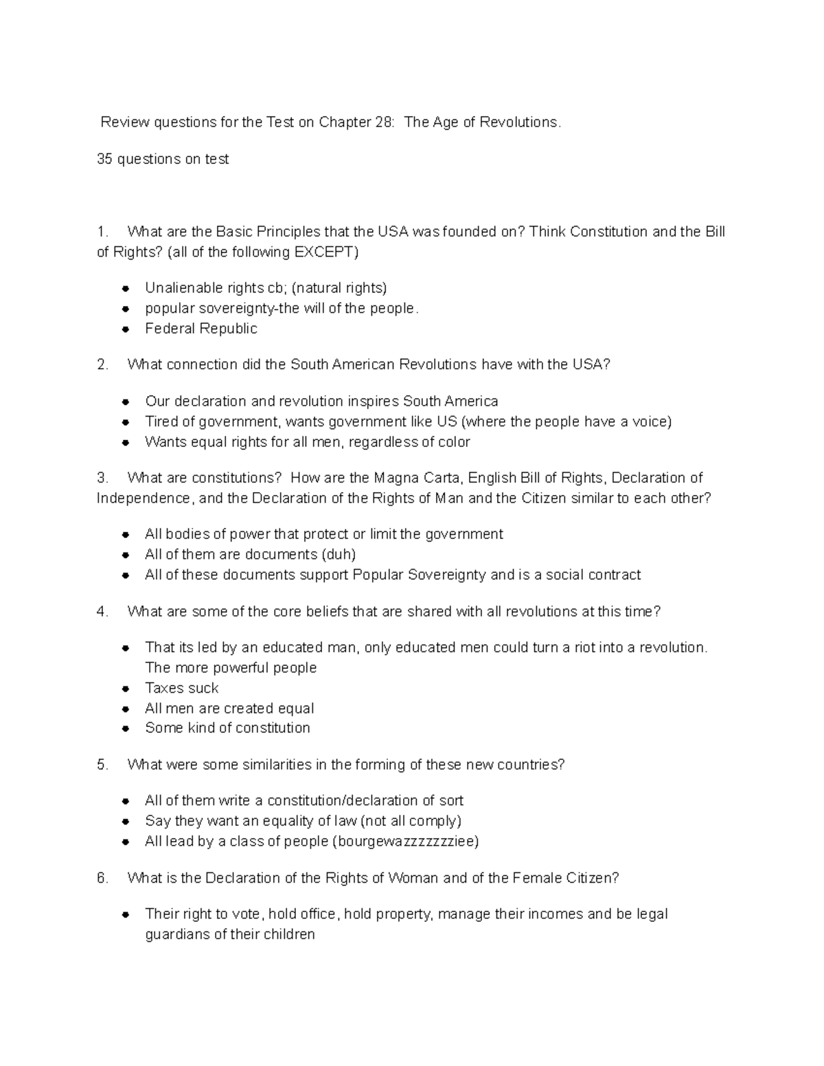 Review questions for the Test on Chapter 28 The Age of Revolutions - 35 ...