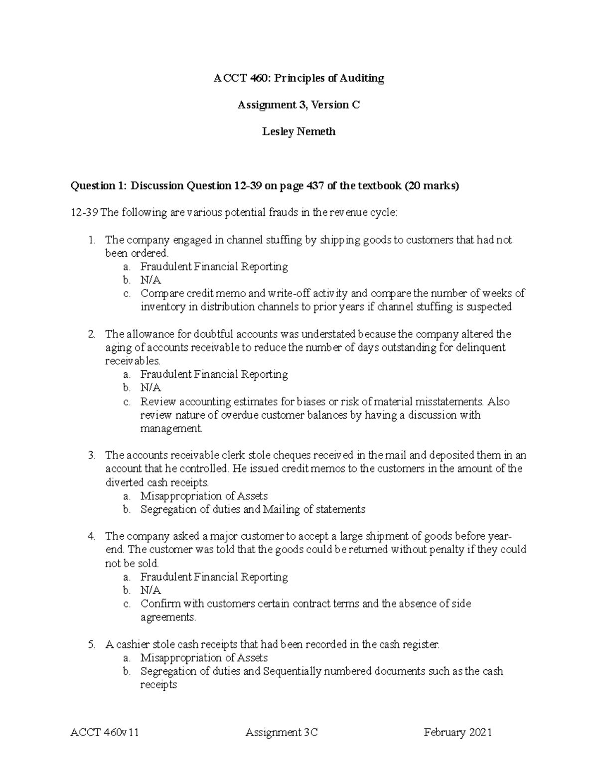 Assignment 3C - ACCT 460: Principles of Auditing Assignment 3, Version ...