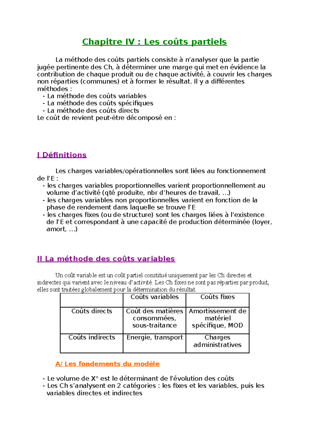 Chapitre 4 Les coñts partiels Chapitre IV Les partiels La des partiels consiste que la