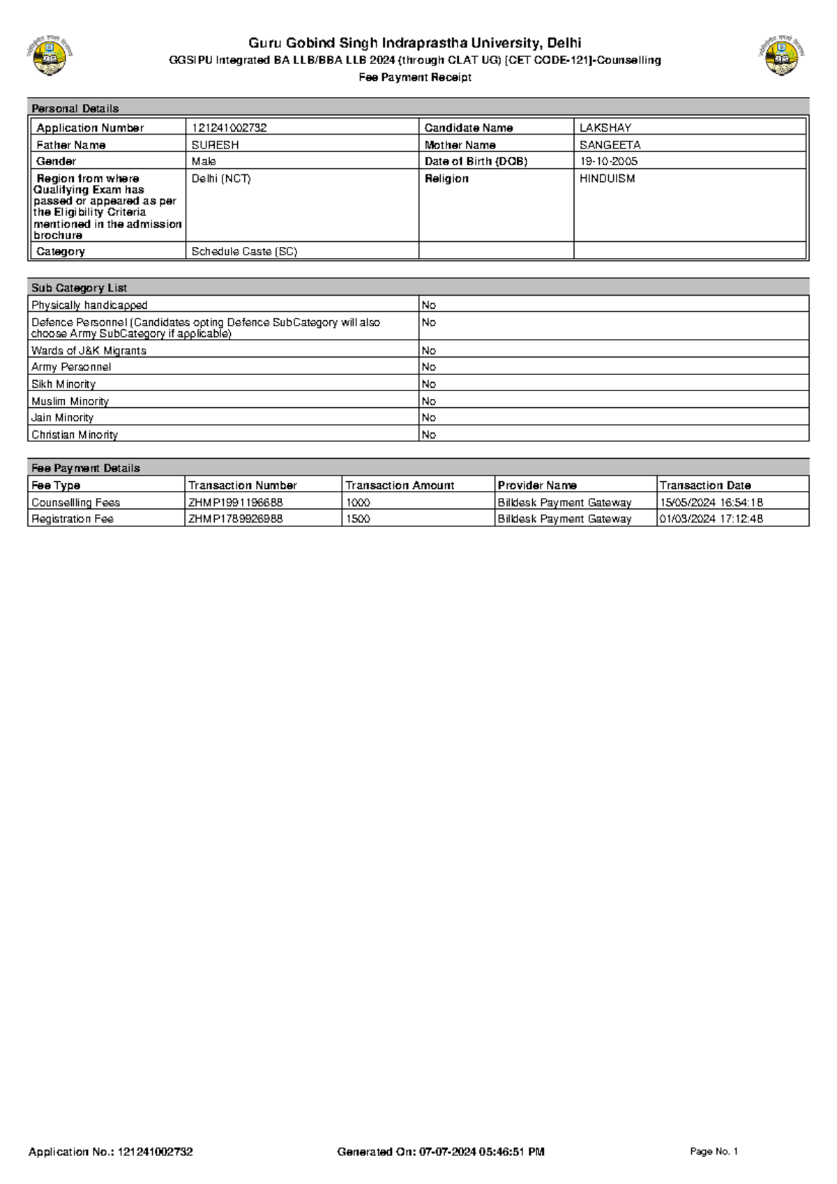 Candidate Fee Status 121241002732 - Personal Details Application Number ...