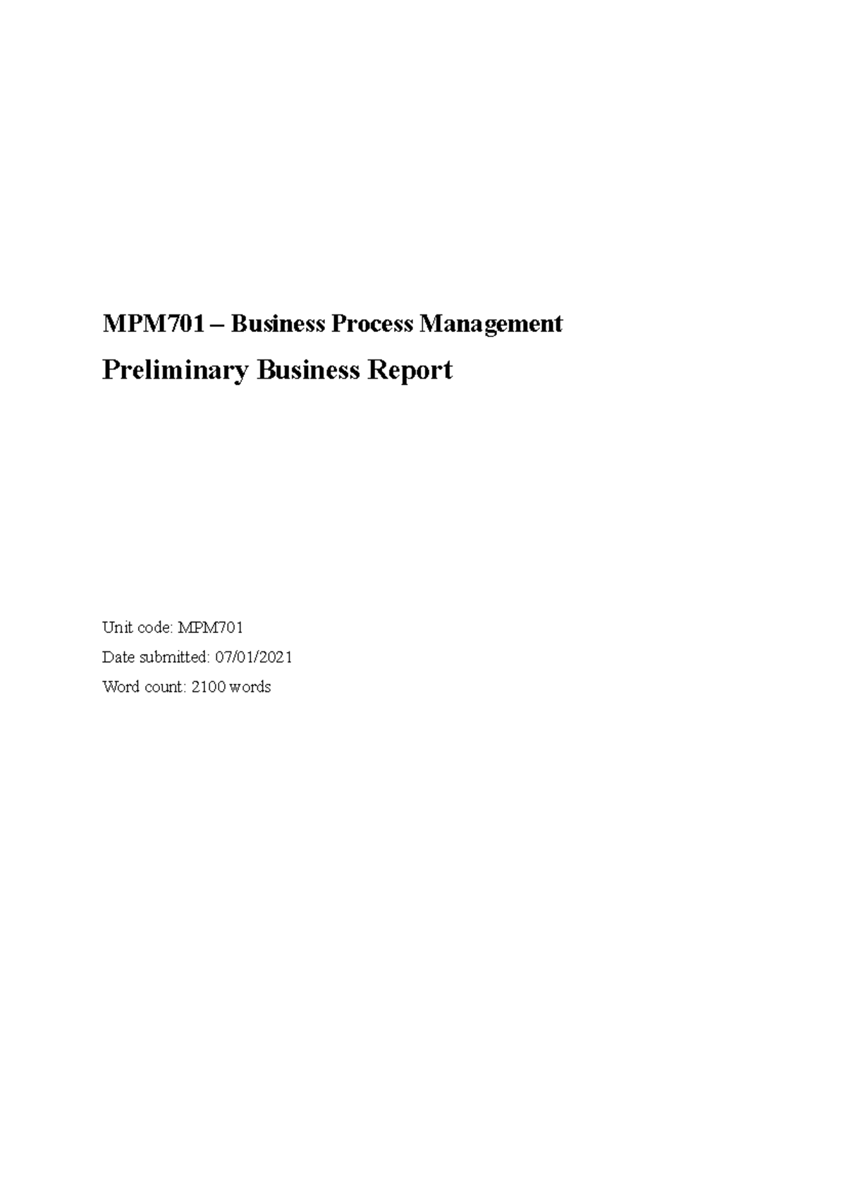 MPM701 Written Assignment - MPM701 – Business Process Management ...