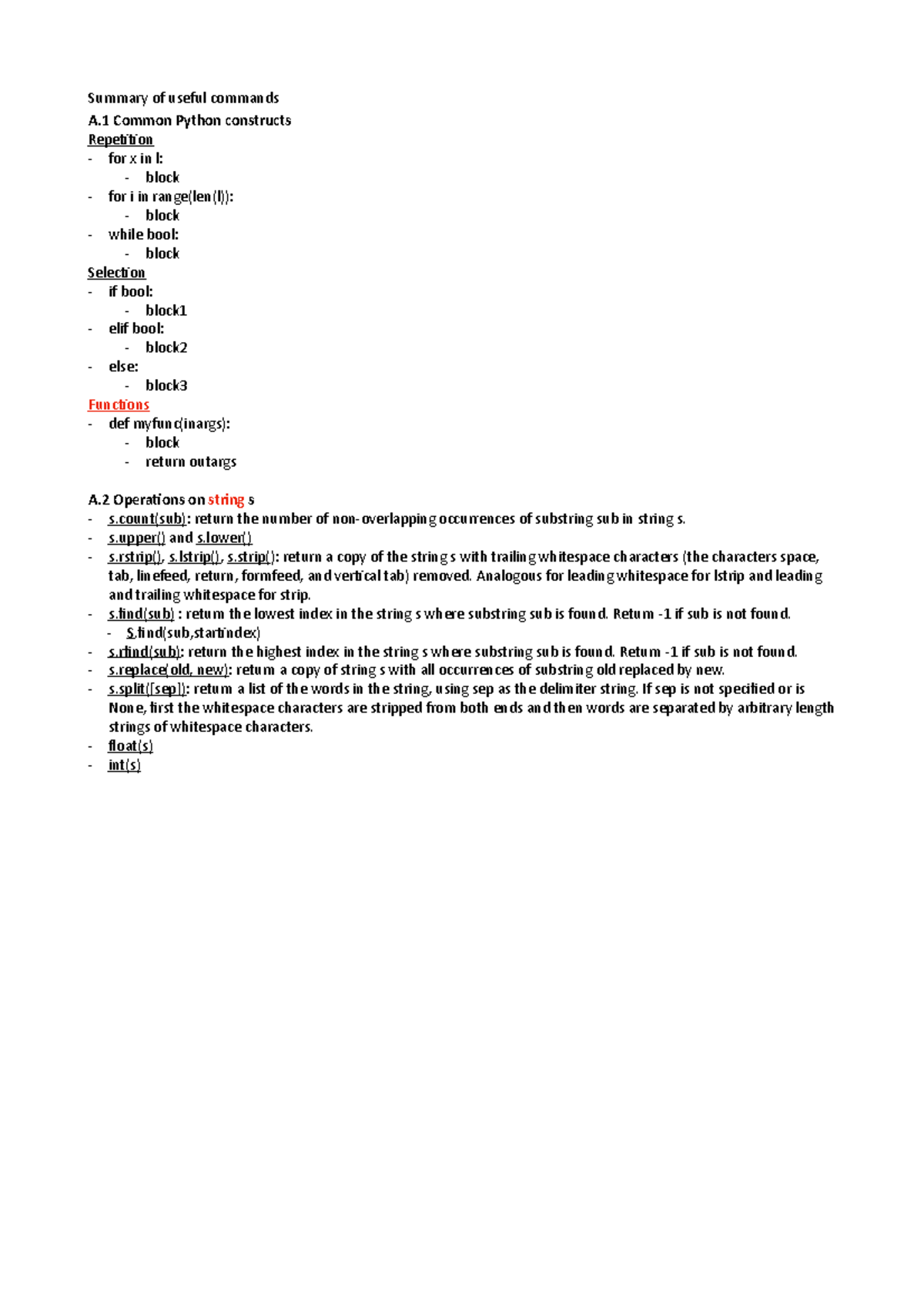 Sv Samenvatting Programmeren En Genomics Summary Of Useful Commands A Common Python