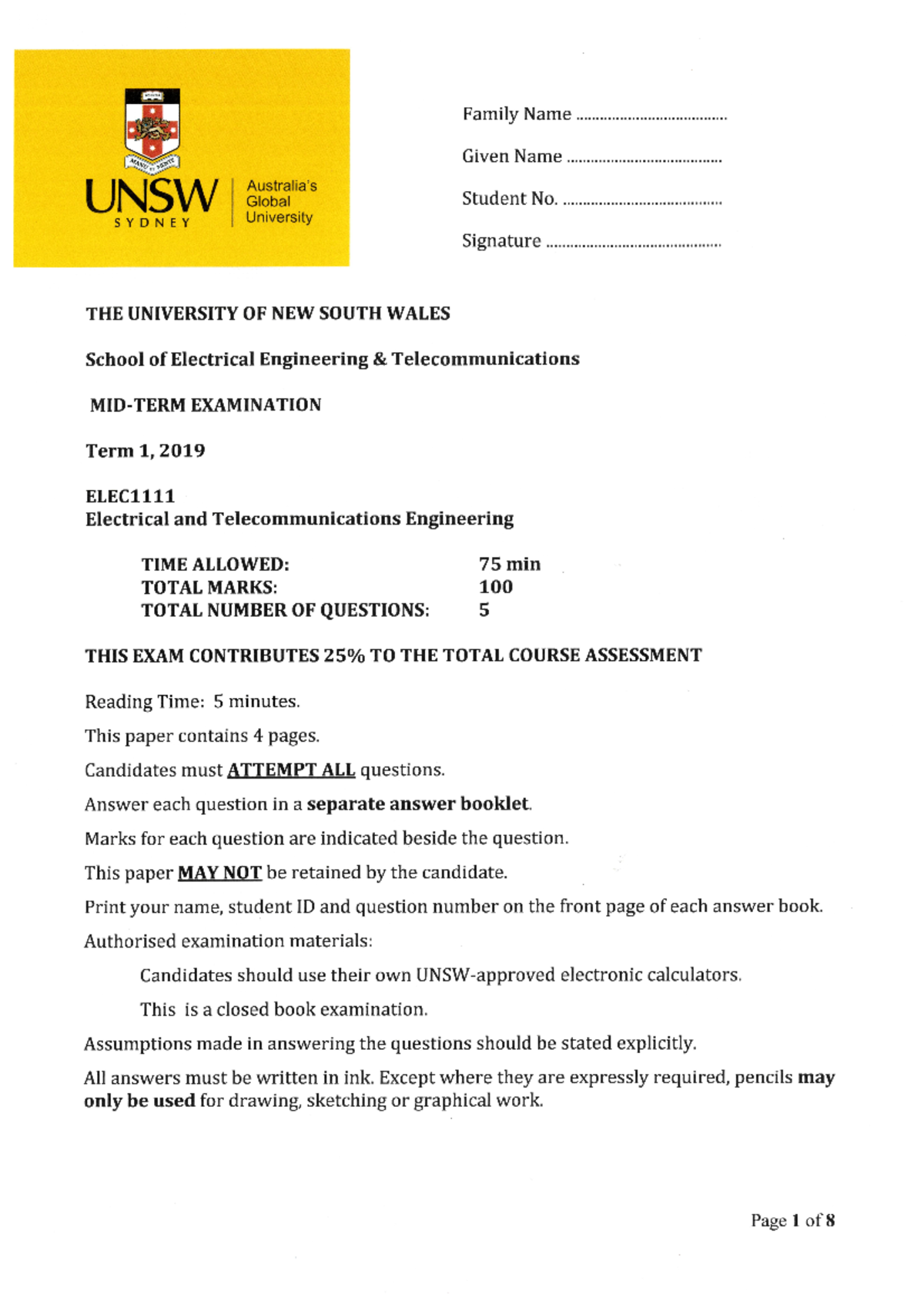 ELEC1111 - 2019 T1 Midterm Exam Solution - ELEC1111 - Studocu