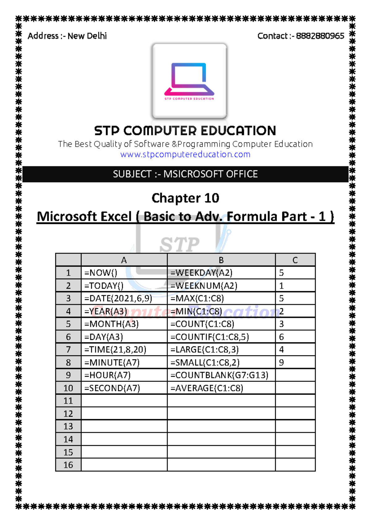 Chapter - 10 Microsoft Excel ( Basic to Adv. Formula Part - 1 ...