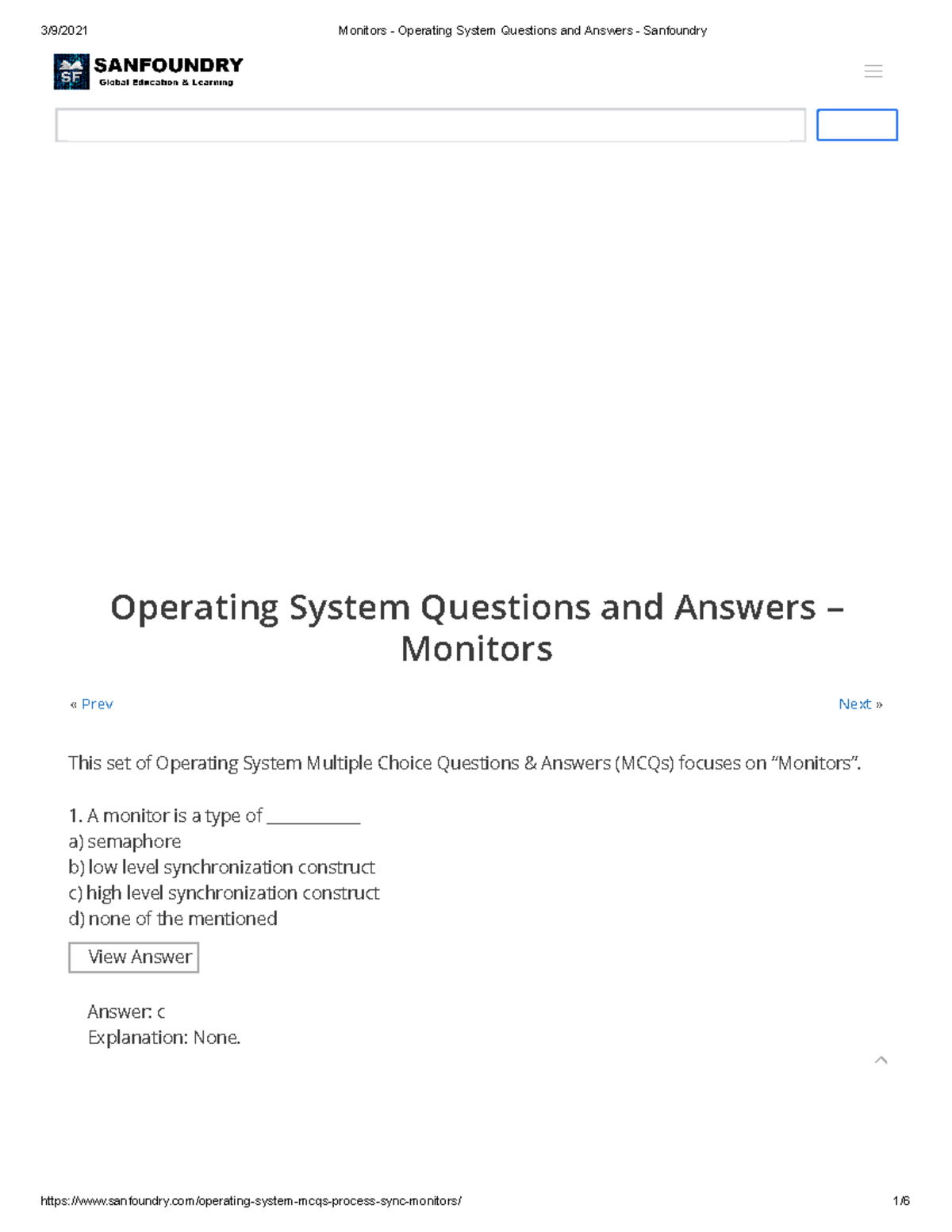Monitors Operating System Questions and Answers Sanfoundry « Prev