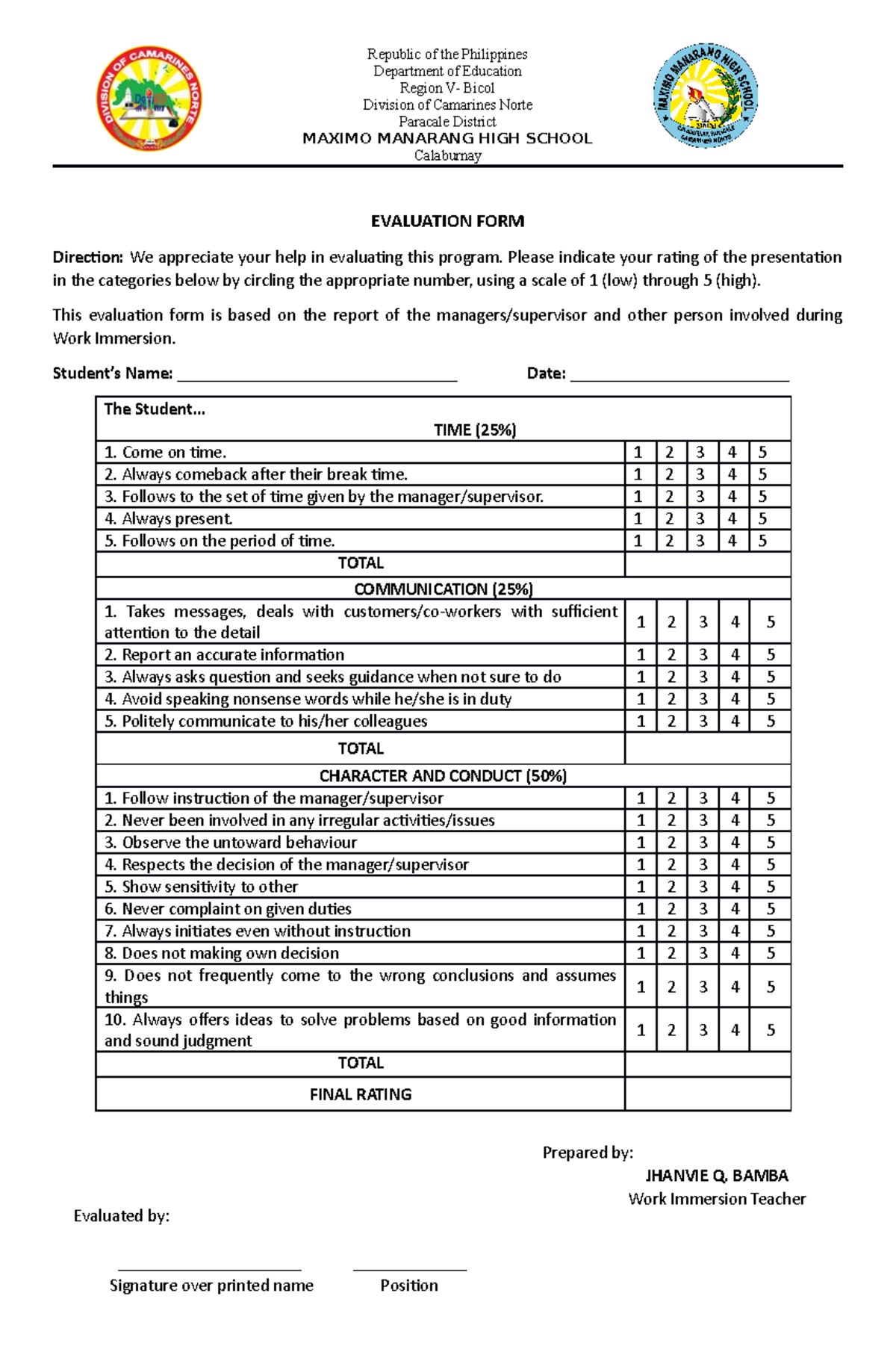 Evaluation form-immersion - Republic of the Philippines Department of ...