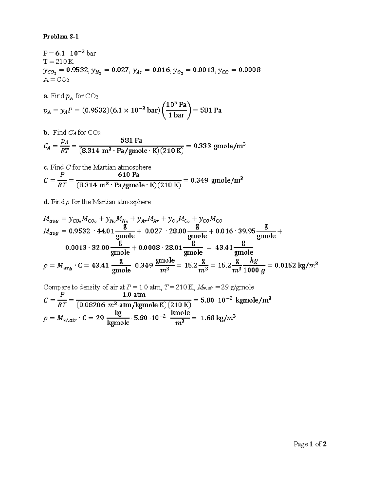 CHE 333 Studio #1 Solution - Page 1 of 2 Problem S- P = 6 10 ିଷ bar T ...