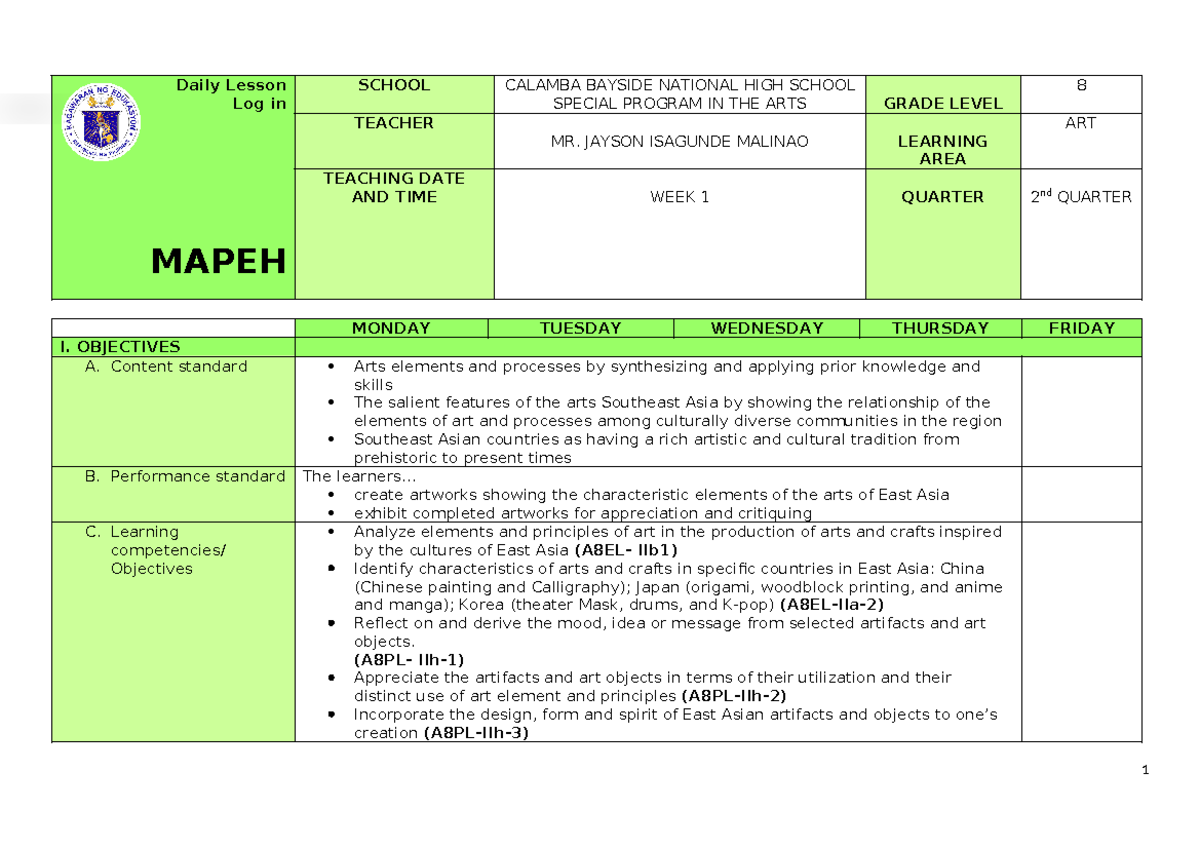 Q2 Grade 8 Arts DLL Week 1 - Daily Lesson Log in MAPEH SCHOOL CALAMBA ...