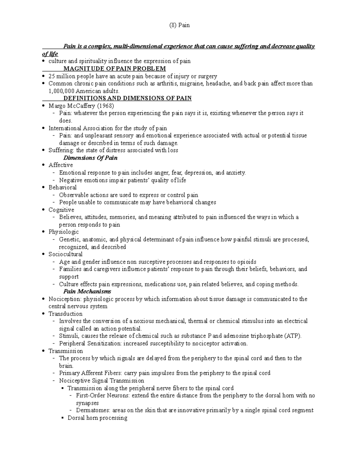 (8) Pain - lecture notes for pain in adult health - Pain is a complex ...