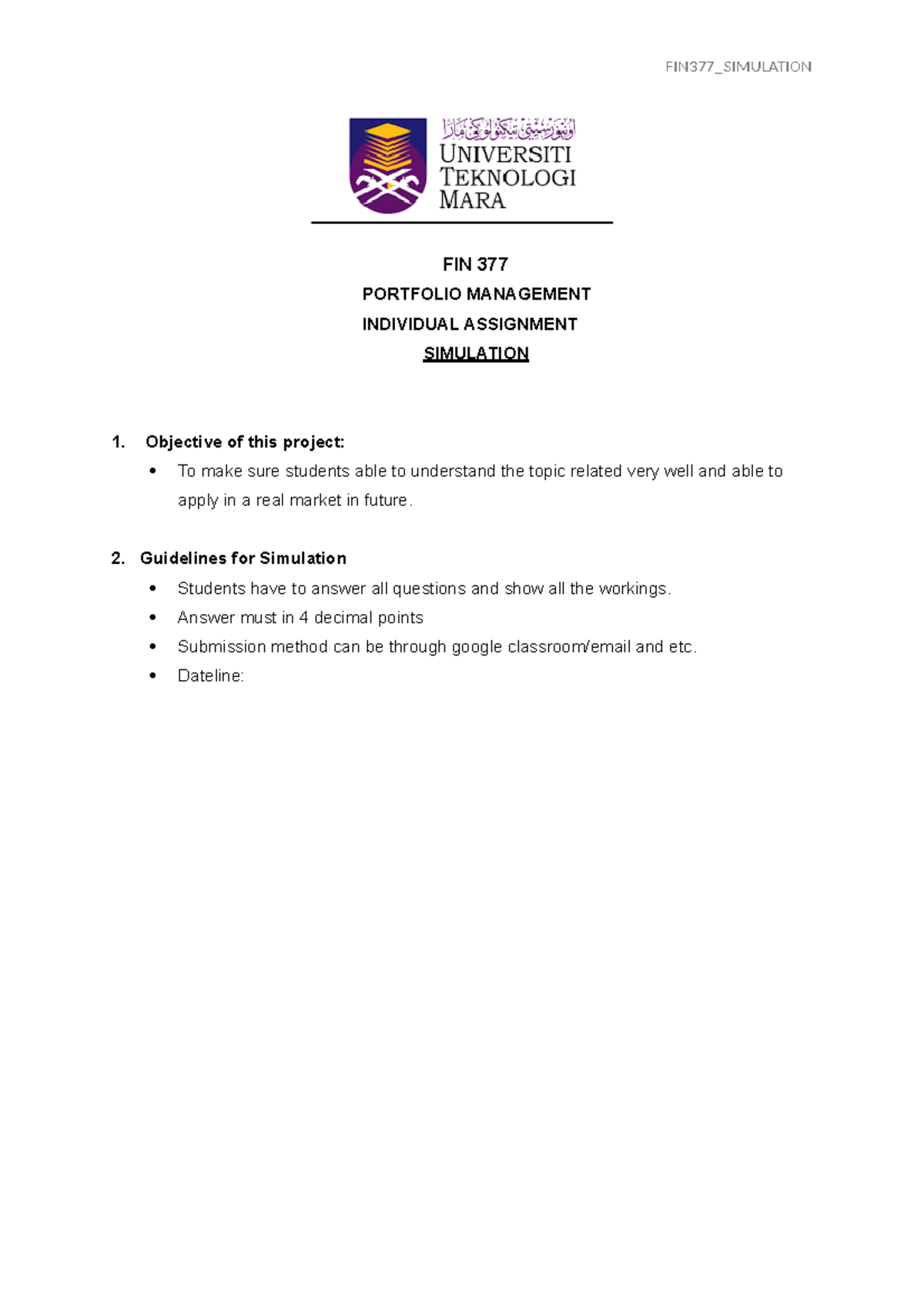 Simulation Assignment FIN377 - FIN377_SIMULATION FIN 377 PORTFOLIO ...