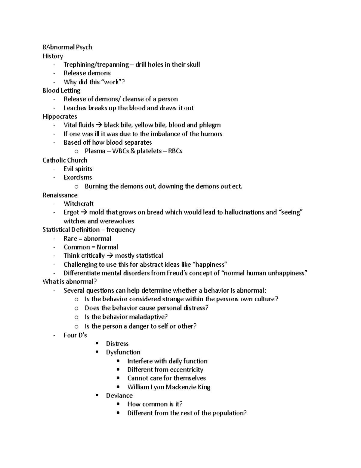 Abnormal Psychology Notes Complete - 8Abnormal Psych History ...