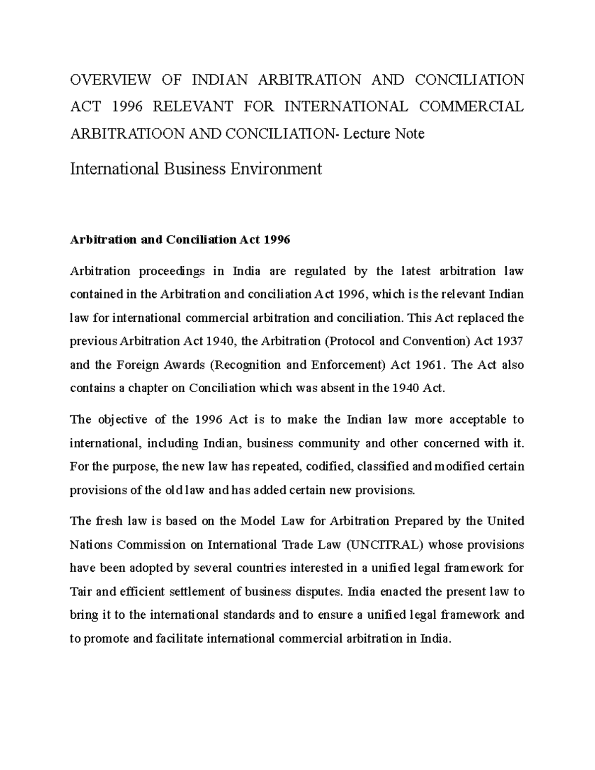 Overview OF Indian Arbitration AND Conciliation ACT 1996 Relevant FOR ...