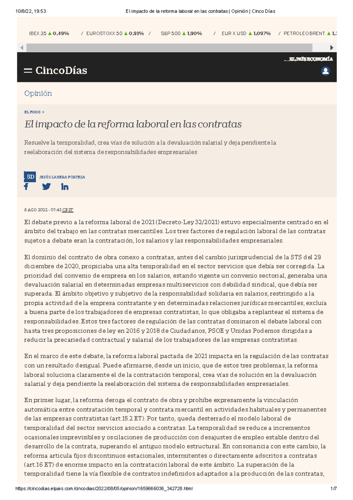 El impacto de la reforma laboral en las contratas Opinión Cinco Días ...