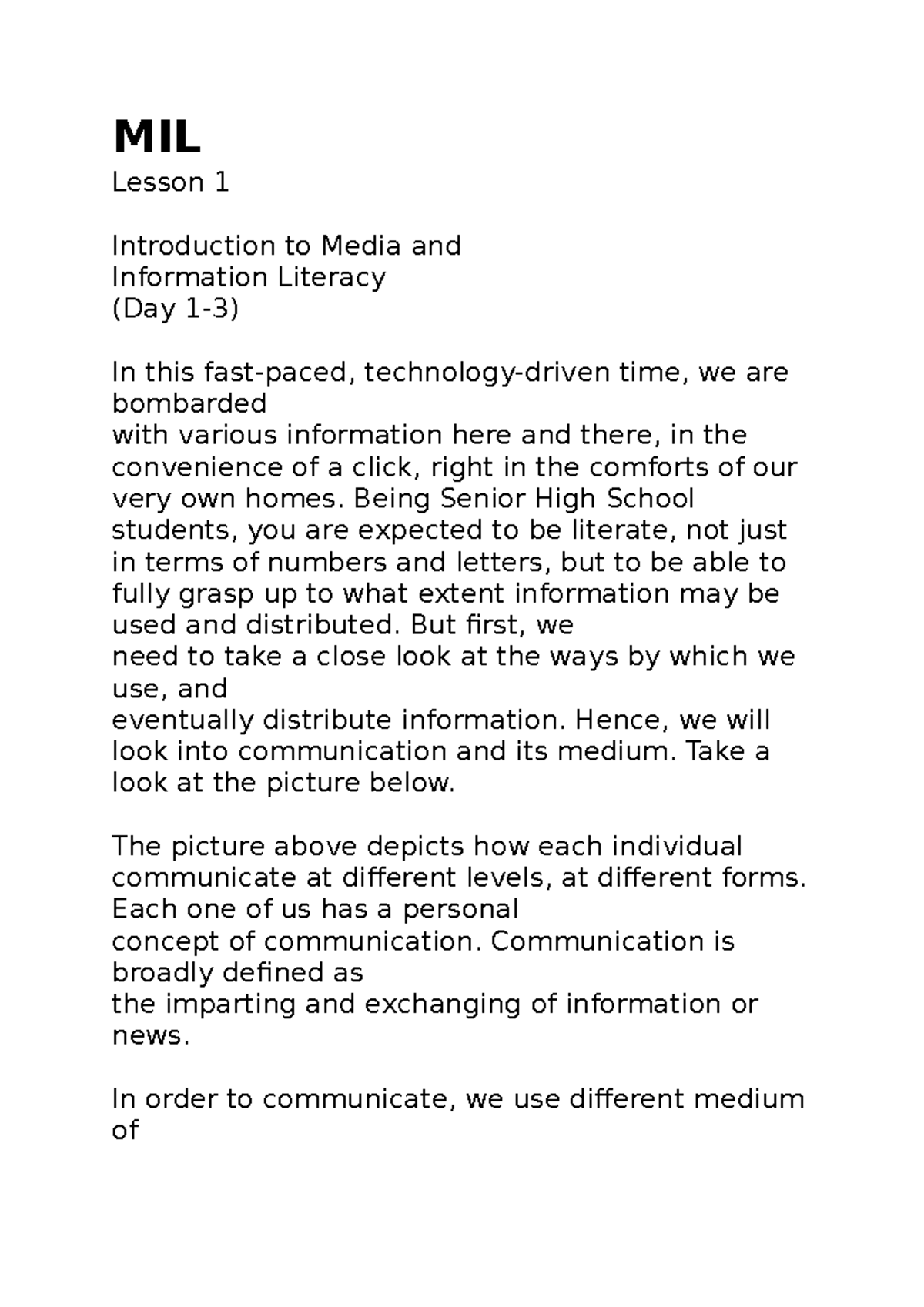 MIL - Issjjsmsms - MIL Lesson 1 Introduction to Media and Information ...