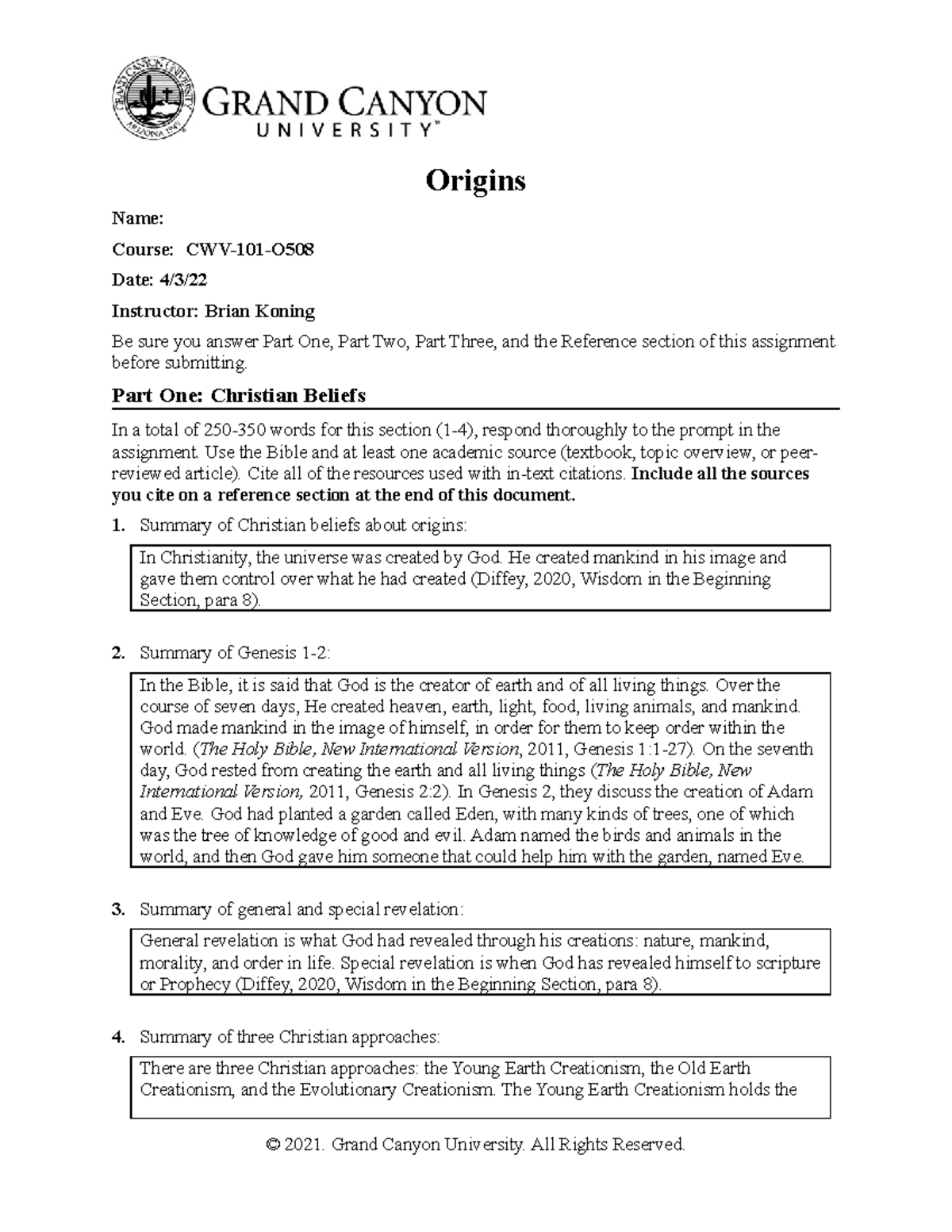 Origins - Online Assignment - Origins Name: Course: CWV-101-O Date: 4/3 ...