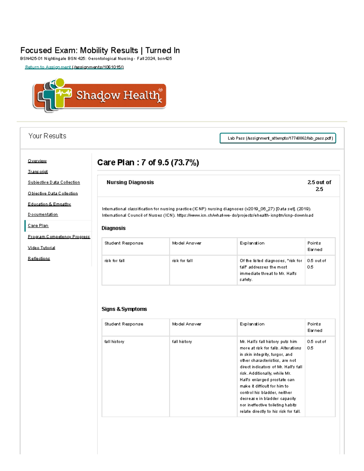 Shadow Health Mobility Care Plan - Focused Exam: Mobility Results ...
