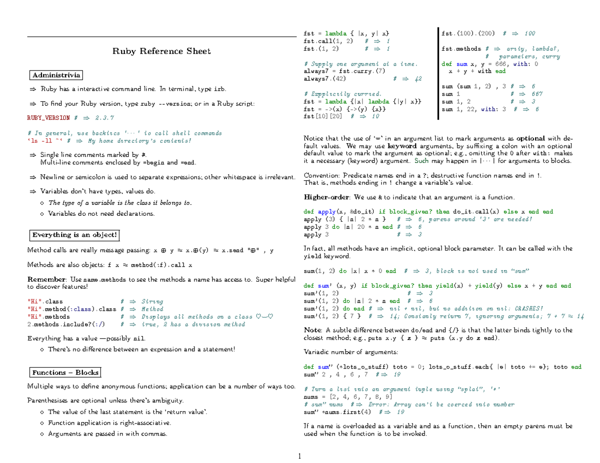 Ruby cheat sheet (english) - Ruby Reference Sheet Administrivia ⇒ Ruby ...