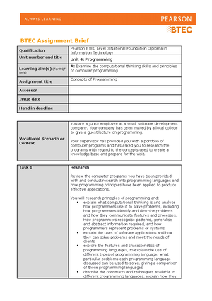 Unit 5 Authorised Assignment Brief For Learning Aims B And C Data ...