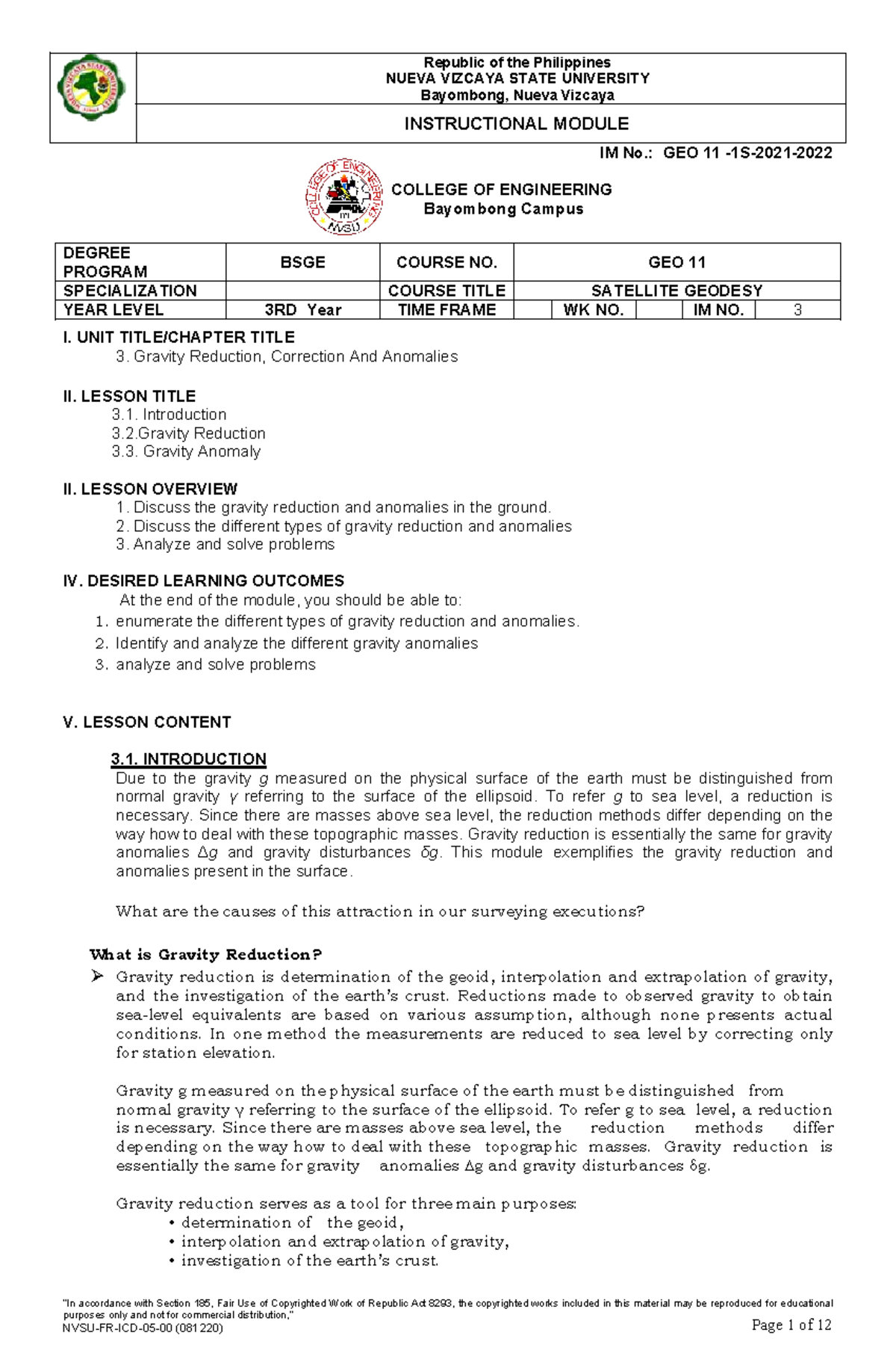 Gravity Reduction, Correction And Anomalies - NUEVA VIZCAYA STATE ...