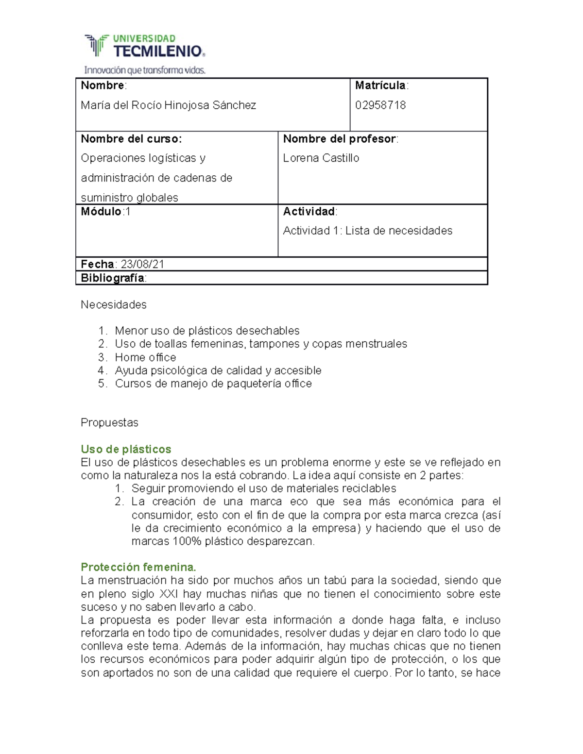 Actividad 1 el lider desde adentro - Nombre : María del Rocío Hinojosa ...