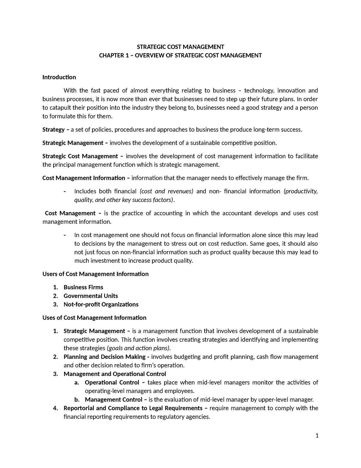 Strategic COST Management Lesson 1 - STRATEGIC COST MANAGEMENT CHAPTER ...