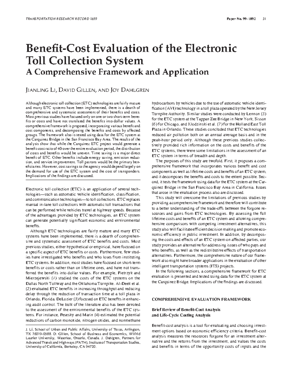 Li et al 1999 benefit cost evaluation of the electronic toll collection ...