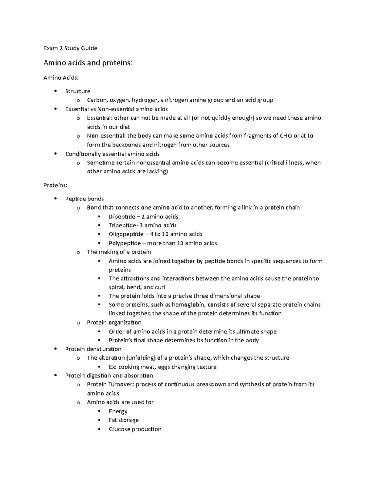 Exam 2 Study Guide - Exam 2 Study Guide Amino acids and proteins: Amino ...