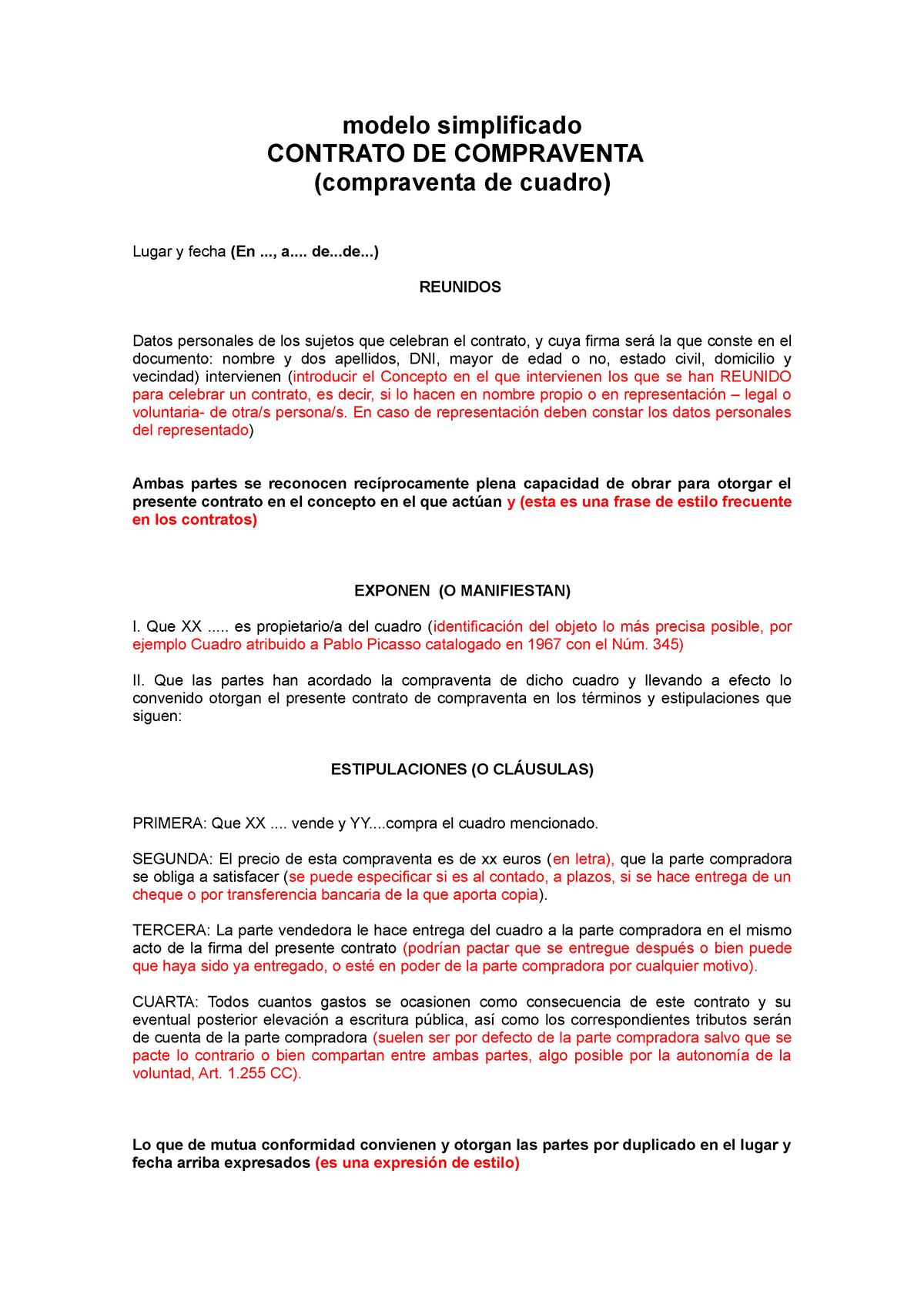 Modelo de redacción de contrato de compraventa de cuadro - modelo  simplificado CONTRATO DE - Studocu