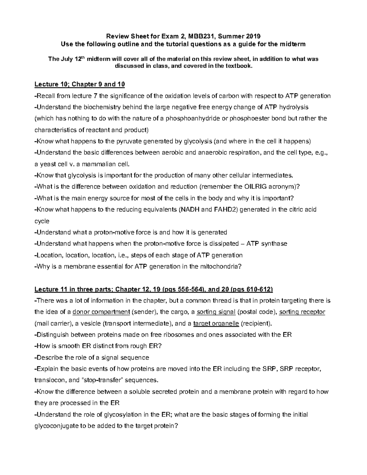 Review Sheet Exam 2 Summer 2019 - Review Sheet For Exam 2, MBB231 ...