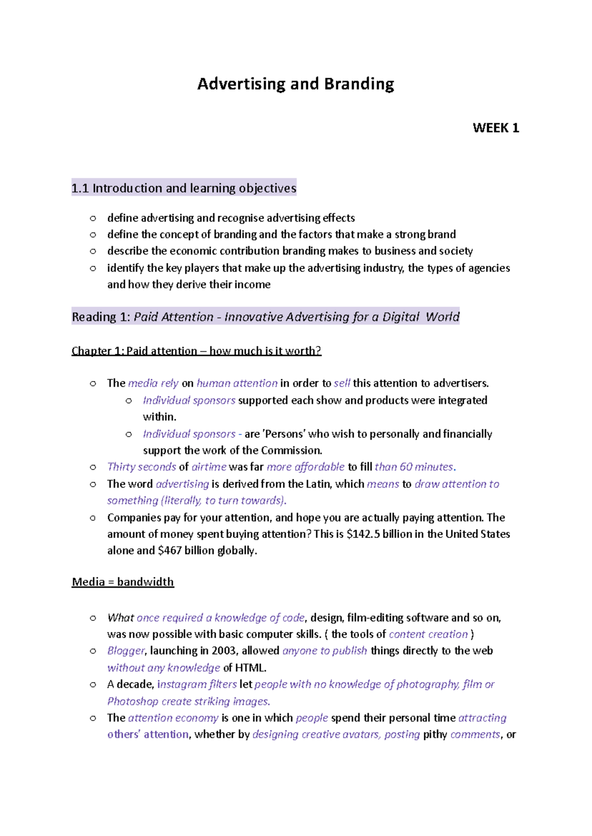 Week 1 - early childhood notes - Advertising and Branding WEEK 1 1 ...