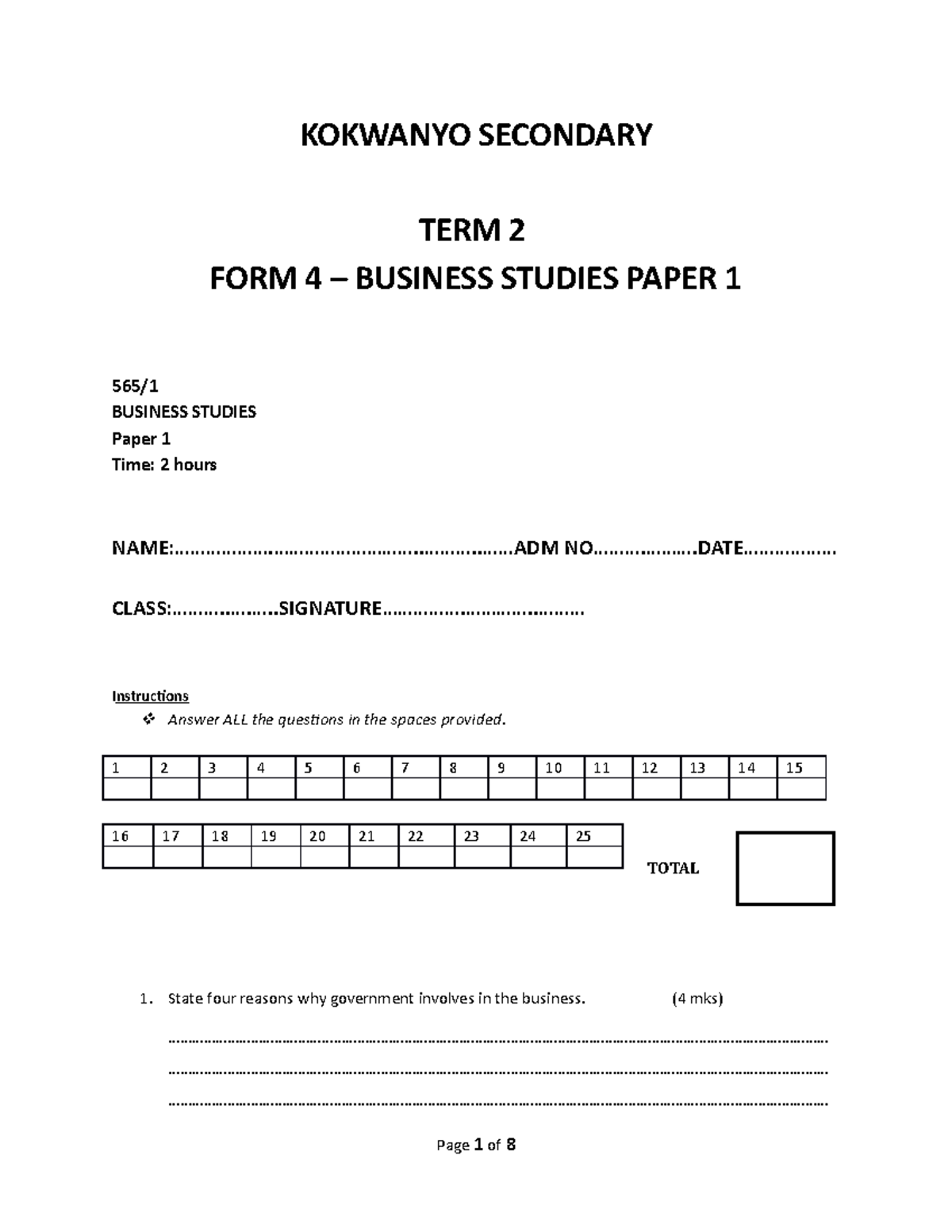 Business Paper term 2 kokwanyo 2022 KOKWANYO SECONDARY TERM 2 FORM 4