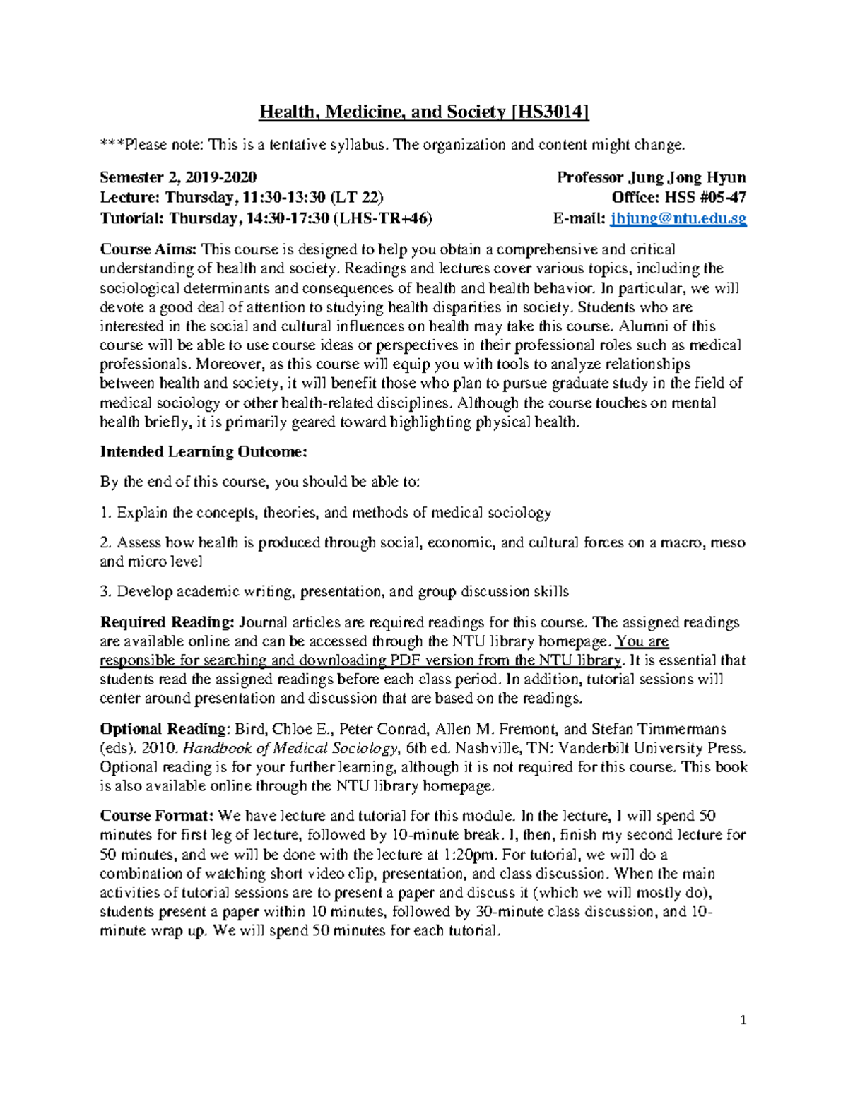 HS3014 Syllabus - Key information - Health, Medicine, and Society ...