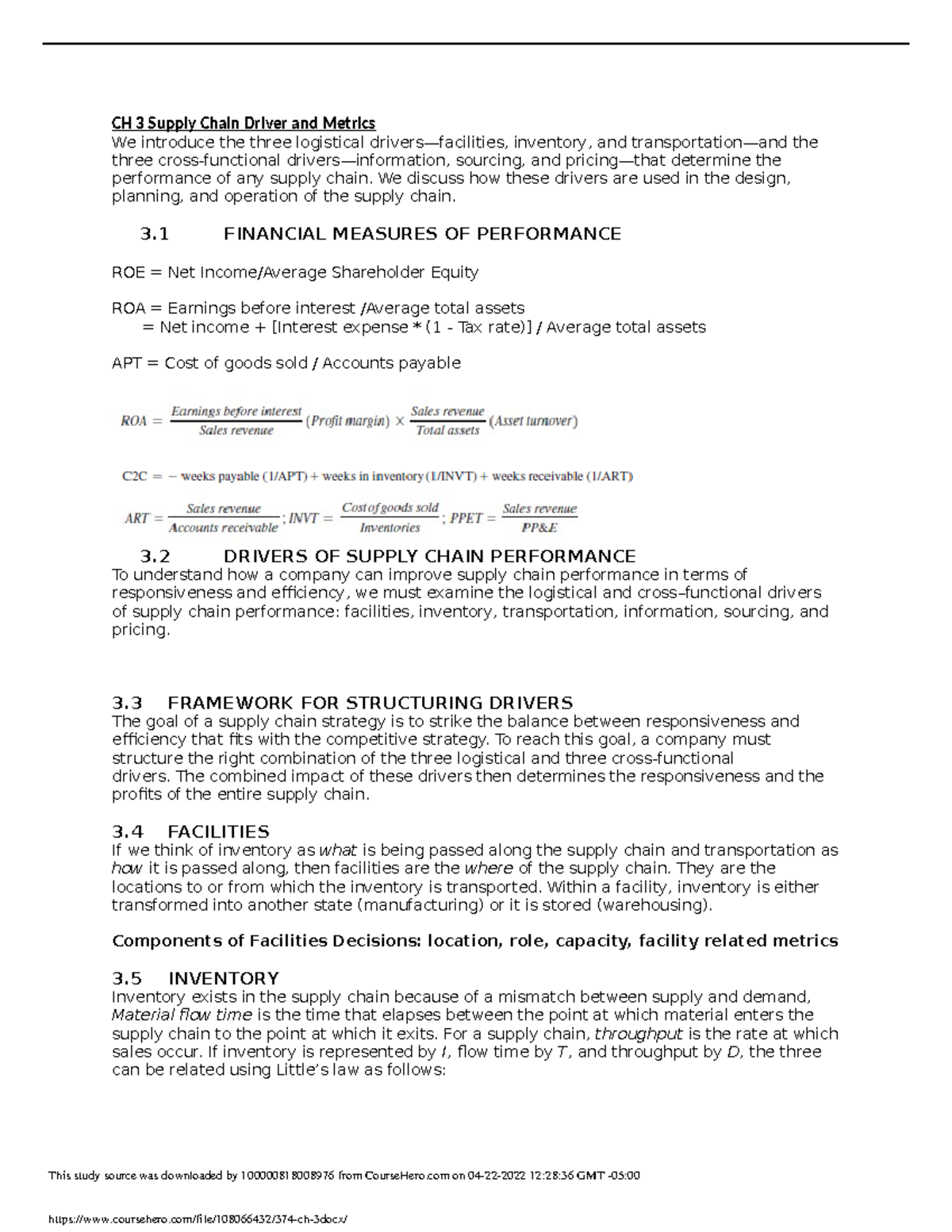 374 ch 3 - Scom 374 chapter 3 - CH 3 Supply Chain Driver and Metrics We ...