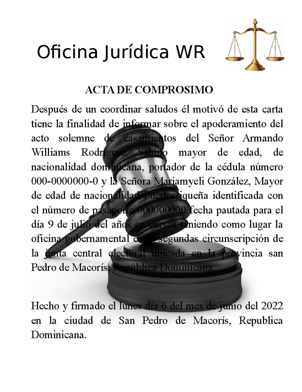Acta de compromiso nuevo - Oficina Jurídica WR ACTA DE COMPROSIMO ...