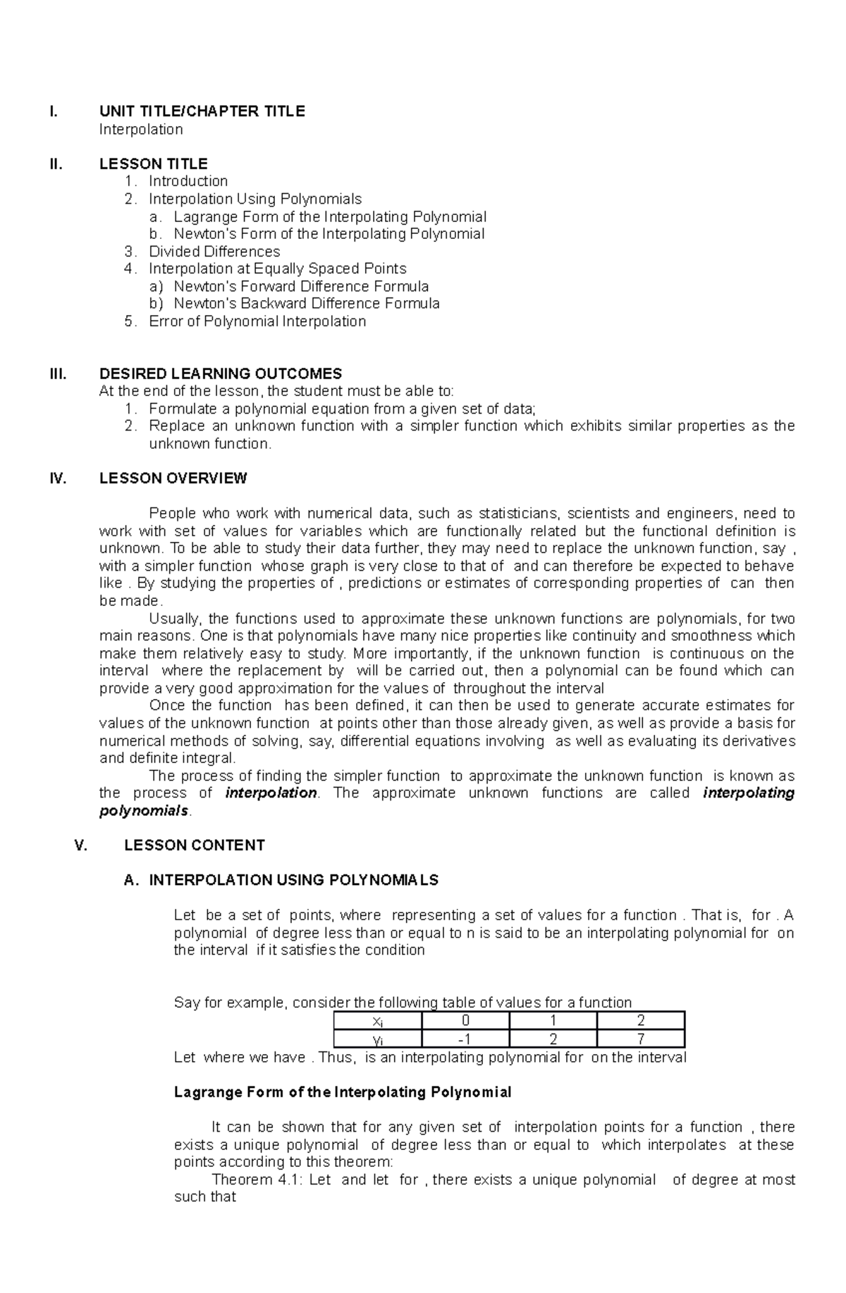 Interpolation Using Polynomials - I. UNIT TITLE/CHAPTER TITLE ...