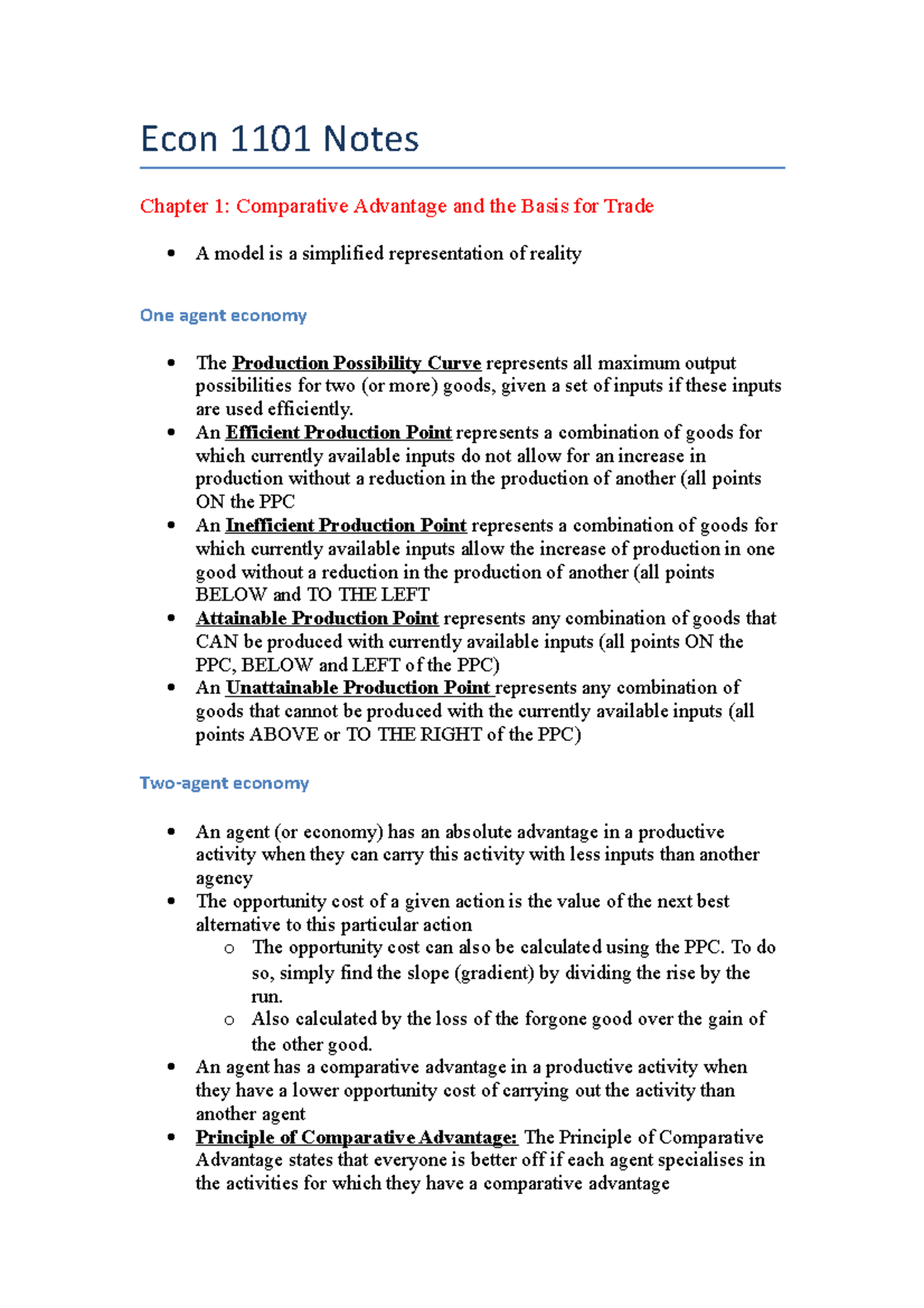 Econ 1101 Notes - Chapter 1-10 - Econ 1101 Notes Chapter 1: Comparative ...