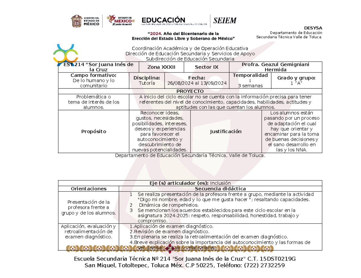 Formato de planeación TutoríA - Escuela Secundaria Técnica Nº 214 "Sor