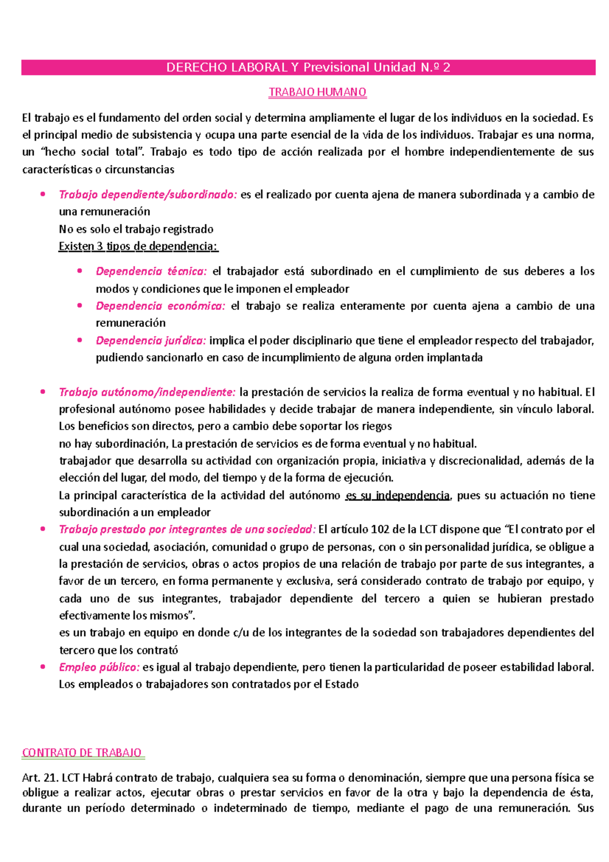 Unidad 2 - DERECHO LABORAL Y Previsional Unidad N.º 2 TRABAJO HUMANO El ...