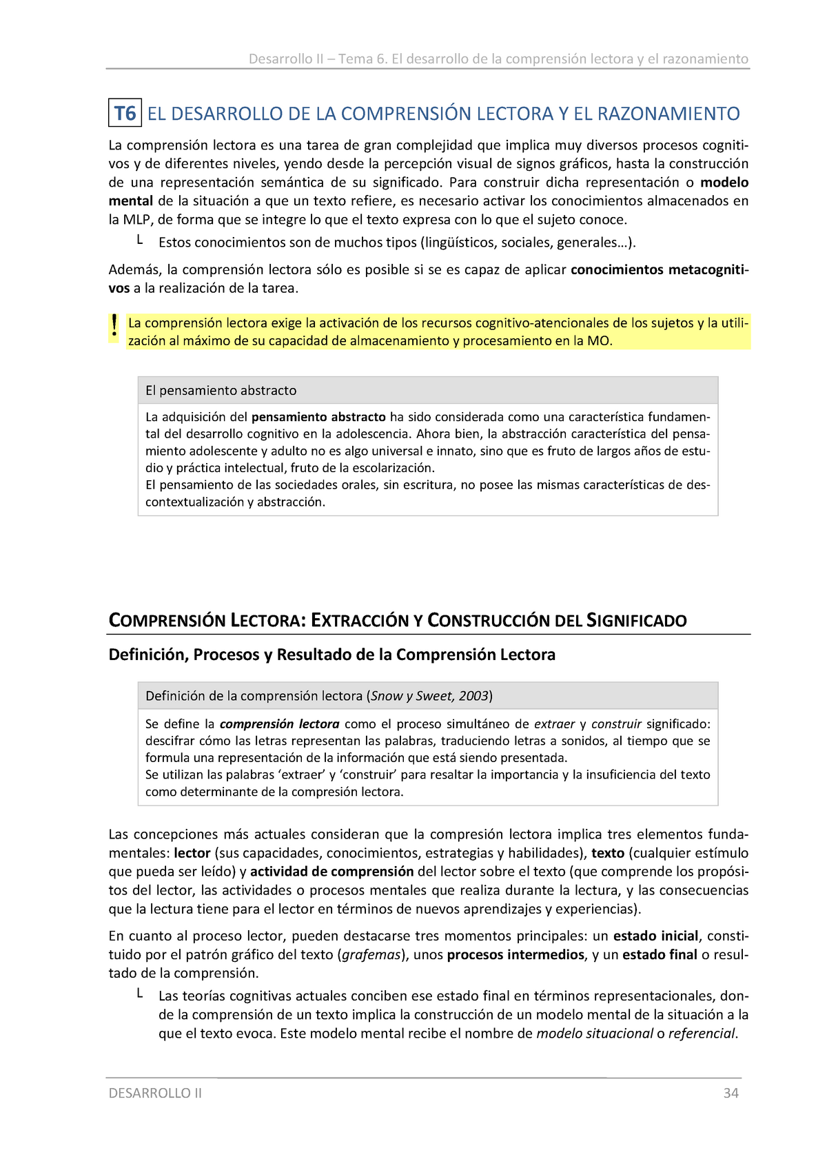 Desarrollo II - Resumen Tema 6 - T6 EL DESARROLLO DE LA COMPRENSIÓN LECTORA  Y EL RAZONAMIENTO La - Studocu