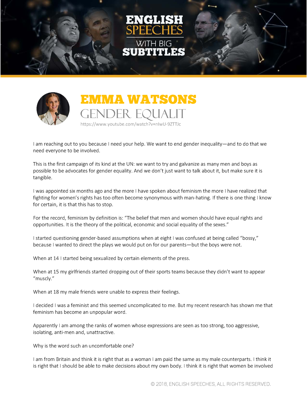 Full Transcript - Emma Watsons - © 2018, ENGLISH SPEECHES, ALL RIGHTS ...