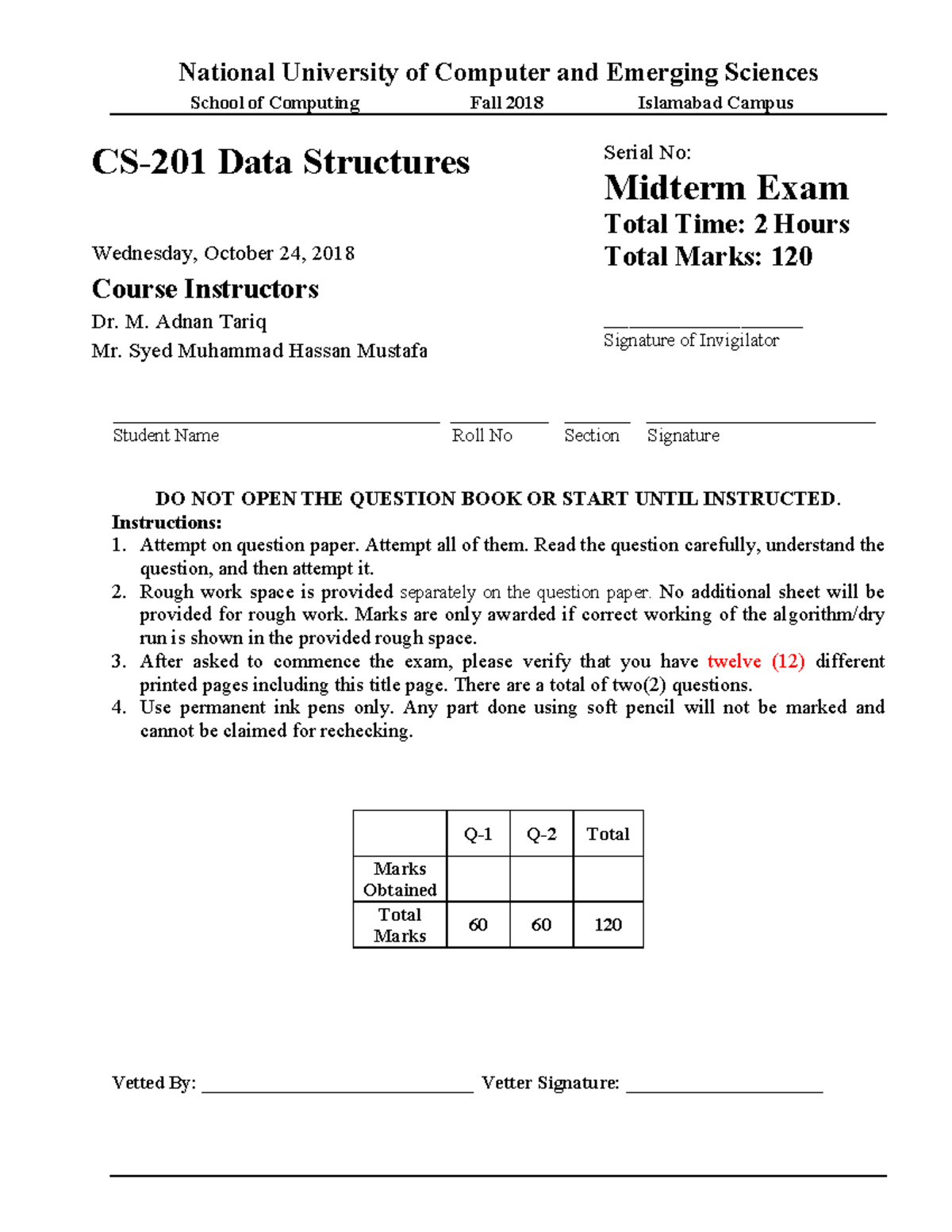 Data Structures Mid Fall 2018 School Of Computing Fall 2018 Islamabad