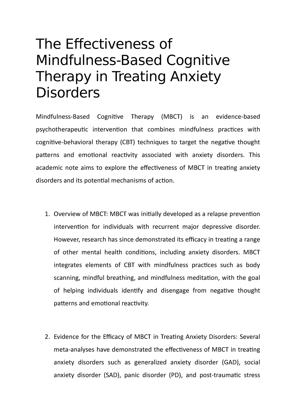 The Effectiveness Of Mindfulness-Based Cognitive Therapy In Treating ...