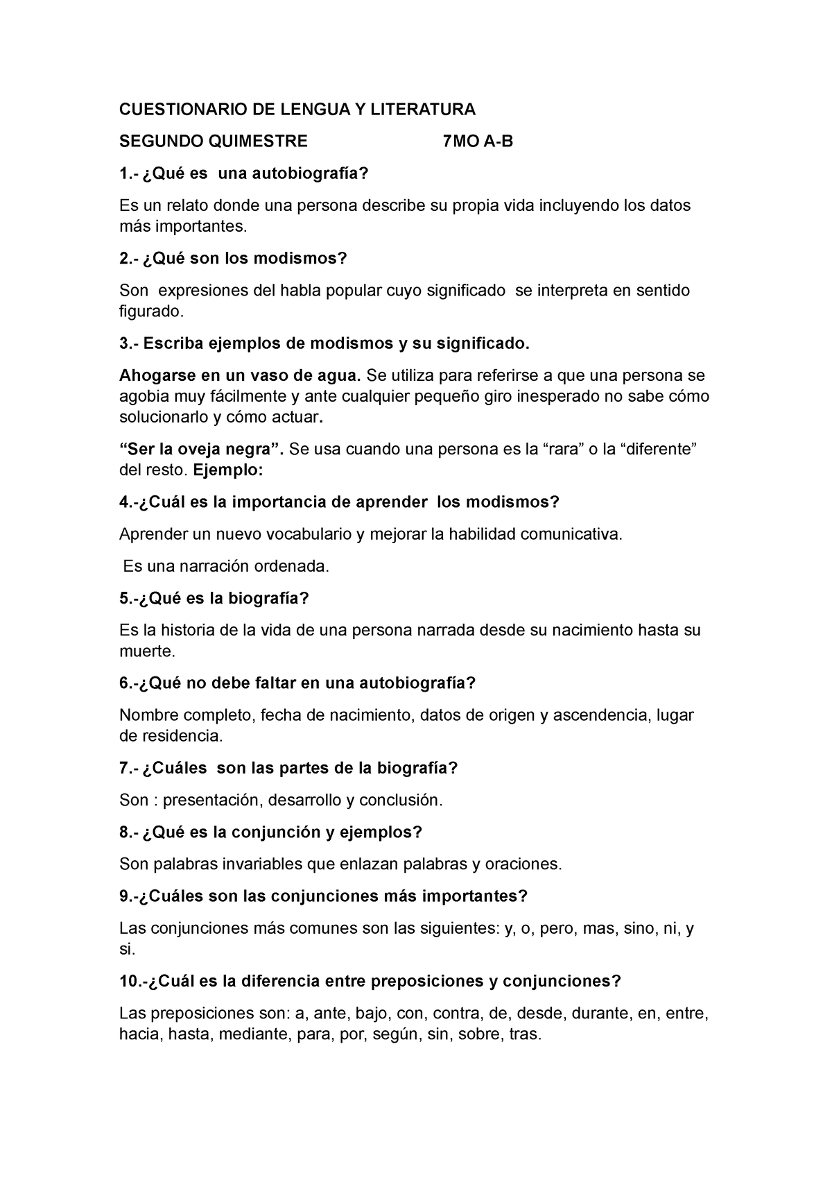 Cuestionario DE Lengua Y Literatura 7mo - Examen Final - CUESTIONARIO ...